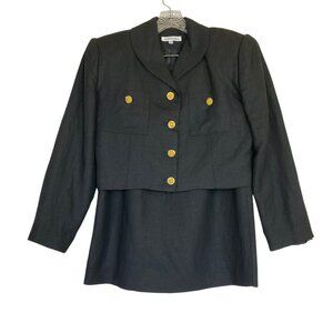 Ann Taylor Black Skirt Suit Set Size 8 Blazer & Skirt Gold Buttons Linen Blend